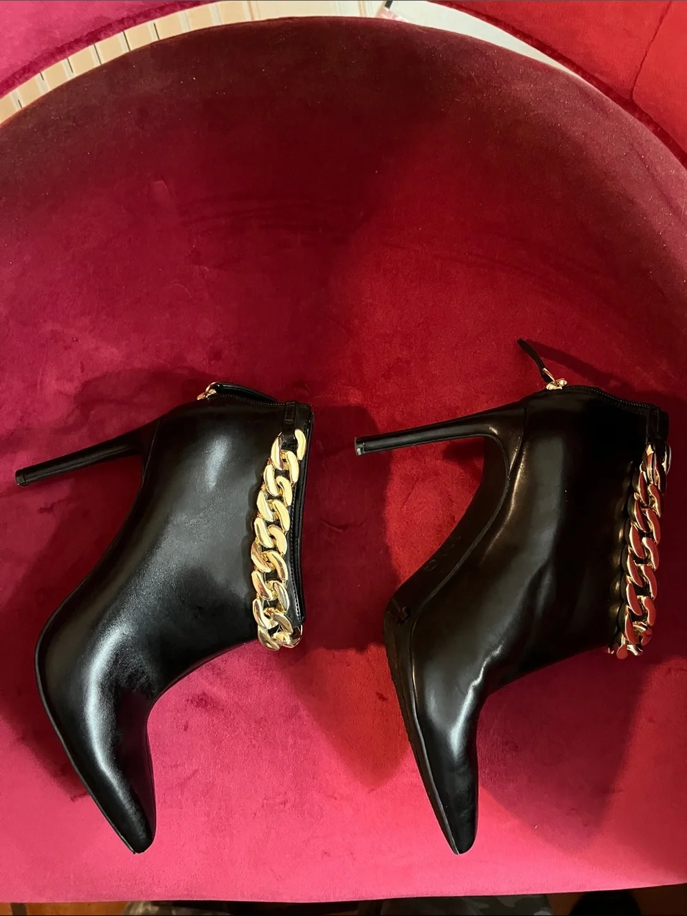 INC International Concepts Black Pointed Ankle Boots with Gold Chain Accent